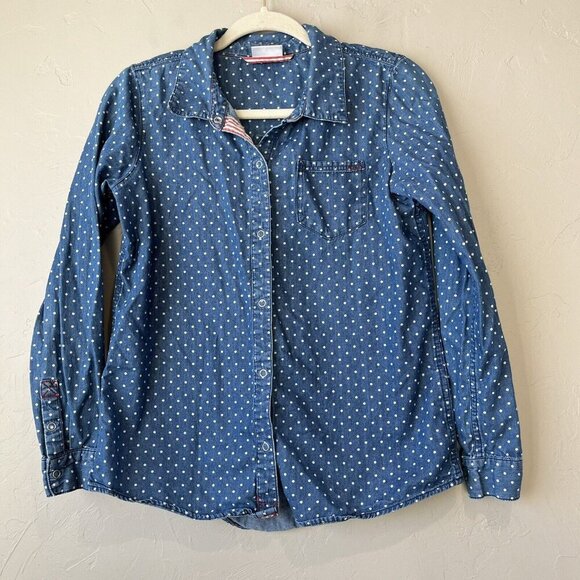 Hanna Andersson Other - Hanna Andersson Polka Dot Button Up 160 14/16 Too Shirt Girls Cotton Denim blue